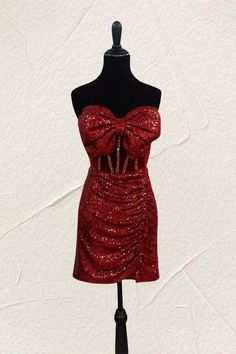 Sweetheart Red Sequin Ruched Short Homecoming Dress with Bow Sequin Material, Short Party Dress, Corset Bodice, Ruched Skirt, Short Homecoming Dress, Red Sequin, Hoco Dresses, Shorts With Tights, Red Bow