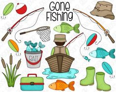 fishing clipart with different types of fish and fisherman's gear on white background