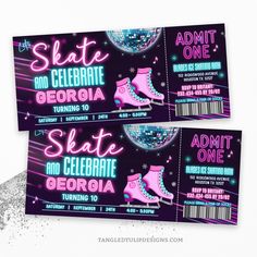 two tickets for skate and celebrate in pink, blue and purple with glitter on them