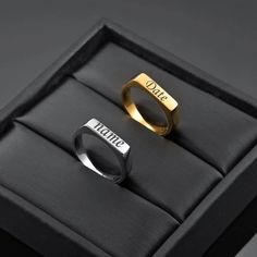 These silver and gold personalised rings make the perfect gift, whether it be for Christmas, Valentines day or an anniversary present.   Have your loved ones name engraved on the ring or a date that has a special meaning. ENGRAVING INFORMATION Please leave a note in checkout (in the comments box) stating what wording you would like and ensure you double check your spelling and include any capital letters or punctuation exactly as you would like it engraved. We will copy exactly what has been provided. Character limit: Maximum of 1 line with 14 characters (including spaces).  Please note that the more lines / letters added will result in the text to decrease in size in order to fit the space of the ring. IMPORTANT: If you have forgotten to add your engraving information please send us a mes Minimalist Personalized Signet Ring For Promise, Minimalist Personalized Engraved Promise Ring, Yellow Gold Stainless Steel Signet Ring For Gift, Gold Stainless Steel Engraved Ring As Gift, Personalized Minimalist Engraved Ring As A Gift, Personalized Stainless Steel Engraved Ring For Promise, Minimalist Engraved Ring For Promise, Minimalist Engraved Ring With Custom Name For Gift, Engraved Stainless Steel Signet Ring For Anniversary