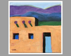 an oil painting of a adobe building with mountains in the background and blue skies above