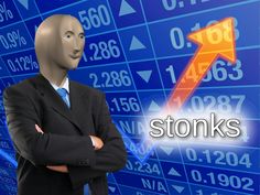 a man in a suit standing with his arms crossed mouse pad, which has the words stonks on it