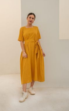 yellow-midi-dress-11604047YL, Women Clothing, Cotton Dress Solid Maxi Dress With Tie Waist And Short Sleeves, Casual Short Sleeve Dresses With Belt, Summer Cotton Belted Dress With Tie Waist, Casual Short Sleeve Tie-back Maxi Dress, Summer Half Sleeve Dress With Tie Waist, Short Sleeve Midi Dress With Tie Waist, Midi Dress With Tie Waist And Short Sleeves, Short Sleeve Belted Maxi Dress For Work, Belted Short Sleeve Maxi Dress For Work