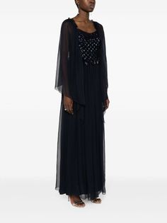 Alberta Ferretti sequin-embellished Maxi Dress - Farfetch Elegant Embellished Maxi Dress With Cape Sleeves, Embellished Maxi Dress With Cape Sleeves For Party, Formal Embellished Maxi Dress With Cape Sleeves, Festive Evening Dress With Sheer Sleeves, Evening Dresses With Sequins And Cape Sleeves, Georgette Maxi Dress With Cape Sleeves For Party, Embellished Georgette Evening Dress, Embellished Georgette Evening Gown, Blue Maxi Dress With Cape Sleeves For Evening