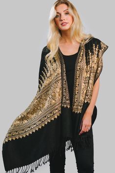 Our Vimala Black Embroidered Shawl features exquisite embroidery on soft 100% viscose that has the look and feel of wool. Gold Shawl, Embroidered Shawl, Paisley Shawl, Fair Trade Clothing, Black Shawl, Cotton Scarf, Kimono Dress, Indian Design, Shawls And Wraps