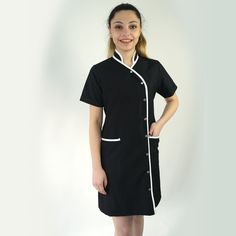 "Helena white piping model black dress is produced from alpaca seasonal fabric. The weight of 75% poly. 25% viscose fabric is 185 grams per square meter. The length of the skirt varies between 90-95 cm. Simply select \"add embroidery\" to any item you want to have embroidered when adding items to your cart. Email us your company logo, name, department or position to have it added to your scrub top. SCHOOL/COLLEGE & MEDICAL FACILITIES LOGO ON TOP AND  UNIFORM SET NORMAL UNISEX  Colleges & Medical Model Black Dress, Medical Scrubs Fashion, Salon Uniform, Spa Uniform, Professional Uniforms, College Uniform, Top School, Beauty Tunics, Band Outfits