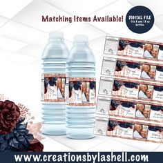 two large water bottles with matching items for each bottle and the same photo on them