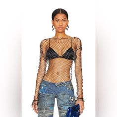 Bought This Top For An Event But I Never Wore It. Brand New. 95% Polyester, 5% Elastane Made In Turkey Dry Clean Only Crystal Embellishments Throughout Garment Is Intentionally Sheer, Undergarments Will Show Through. Please Note Undergarment Not Included Edgy Mesh Top For Party, Edgy Mesh Top For Evening, Trendy Mesh Top For Evening, Trendy Evening Mesh Top, Chic Fitted Fishnet Mesh Top, Fishnet Party Tops For Spring, Edgy Mesh Top For Summer Party, Spring Party Fishnet Tops, Edgy Black Mesh Top For Evening