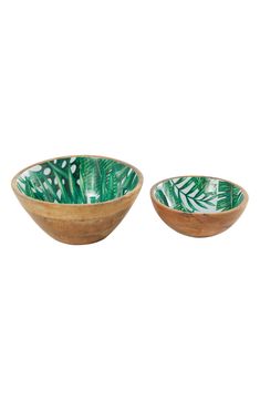 two wooden bowls with green leaves painted on them