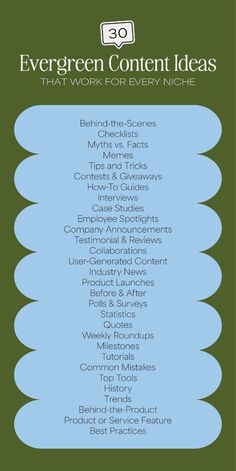 the evergreen content ideas that work for every niche info sheet is shown in green and blue