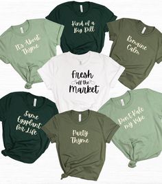 six t - shirts with the words fresh on the market in black, green and white