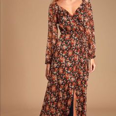 Lulu Floral Maxi Wrap Dress. Nwt! Size Small. Fall Floral Print Orange Maxi Dress, Formal Long Sleeve Orange Maxi Dress, Orange Maxi Dress For Fall Brunch, Fall Orange Maxi Dress For Brunch, Orange Fall Dress For Date Night, Orange Dress For Date Night In Fall, Orange Dress For Fall Date Night, Chiffon Wrap, Red Floral Print