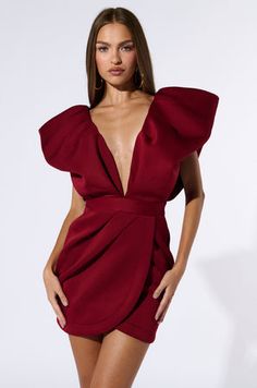 IRREPLACEABLE RUFFLE SLEEVE TULIP HEM MINI DRESS IN BURGUNDY Short Wrap Dress, Wrap Dress Short, Tulip Sleeve, Ruffle Sleeves, Black Fits, Plunging Neckline, All Black, Tulips, Wrap Dress