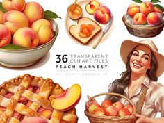 a woman holding a basket full of peaches next to a bowl of peaches