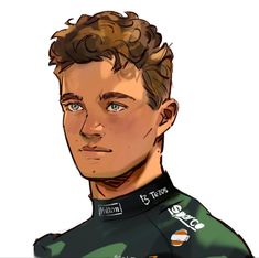 a drawing of a man with curly hair and blue eyes wearing a green racing suit