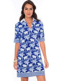 Cotton Graphic Print Patterned Dresses, Solid Color Swim Dress With Upf 50+ For Summer, Fitted Cotton Dress With Graphic Print, Cotton Graphic Print Dresses For Vacation, Patterned Cotton Dress With Graphic Print, Short Sleeve Swim Dress For Beach Cover-up, Fitted Knee-length Polo Dress For Summer, Blue Short Sleeve Poolside Cover-up, Fitted Cotton Polo Dress, Casual Style