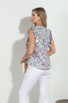 Button front v-neck blouse with ruffle sleeve. Casual Ruffled Split Neck Blouse, Flutter Sleeve Top With Floral Print For Work, Workwear Blouse With Floral Print And Flutter Sleeves, Floral Print Ruffle Sleeve Top For Work, Chic Blouse With Floral Print And Butterfly Sleeves, Workwear Tops With Floral Print And Ruffle Sleeves, Chic Split Neck Blouse With Ruffles, Chic Ruffled Split Neck Blouse, Chic Floral Print Top With Split Neck