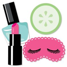 a pink sleeping mask, lipstick and lemon slice cut out on a white background with green circle