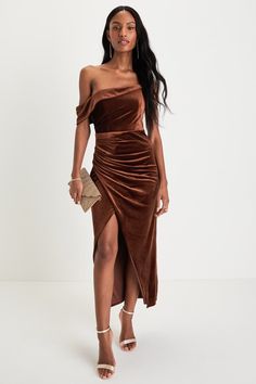 Brown Bridesmaid Dresses Lulus, Fall Wedding Guest Attire Lulus, Wedding Guest Dress Fall Lulus, 27 Dresses, Asymmetrical Midi Dress, Womens Trendy Dresses, Dress Asymmetrical, Tulle Sleeves, Velvet Maxi Dress