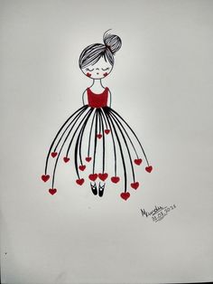 a drawing of a girl in a dress with hearts on it