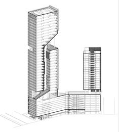 a black and white drawing of a tall building next to another high rise building in the background