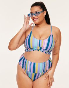 We're head over heels for this two-piece set featuring a stripe-print bikini top with white ruffle trim and adjustable straps for a perfect fit. Complete the look with the matching high-waisted bikini bottoms. (Available in plus-sizes 1X-4X.) Striped Swimwear With Adjustable Straps For Pool, Striped Bra Friendly Swimwear, Plus Size Swim, High Waisted Swim, Adore Me, Head Over Heels, Swim Bottoms, Stripe Print, Ruffle Trim