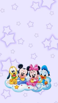 three mickey mouses are sitting on top of a cloud with stars in the background