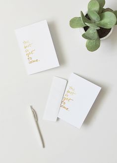 two white cards with gold foil on them next to a potted plant and a pair of scissors