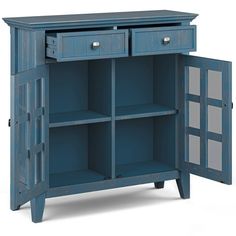 a blue cabinet with two drawers and one door open