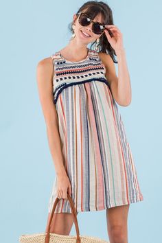 Boho Stripes Sundress Casual Beach Dress With Striped Hem, Striped Cotton Beach Dress, Cotton Summer Dress With Vertical Stripes, Bohemian Striped Sleeveless Dress, Bohemian Sleeveless Striped Dress, Bohemian Striped Vacation Dresses, Bohemian Striped Dresses For Vacation, Cotton Fringe Dress For Vacation, Spring Cotton Dress With Striped Hem