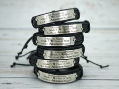 Inspirational Graduation Bracelet for Classmate, Class of 2019 Gift, High School/College Graduate, Personalized Real Leather Bandclassmate's nameclass and graduation hat symbolLet New Adventures Begin!!The example used standard font except for the word"Adventures" in a cursive font. Please leave the request during checkout. This metal band was handmade from stainless steel/brass/copper sheet metal - I cut the shape, filed and sanded the edges, then shiny polish, drilled two holes at the sides, gave it a laser engraving finally. Just give me your idea for a custom made piece. I love custom orders! I T E M ∙ D E T A I L S ❤ metal: stainless steel(silver), brass(gold), copper(rose gold)❤ bracelet color: black, brown❤ size: 5.5 inches, 6.5 inches, 7.5 inches, 8.5 inches, 9.5 inches ❤ closure: Customizable Adjustable Rectangular Bracelet, Personalized Adjustable Leather Bracelet, Customizable Adjustable Rectangular Bracelets, Personalized Adjustable Rectangular Leather Bracelet, Adjustable Customizable Rectangular Bracelets, Adjustable Customizable Rectangular Bracelet, Personalized Adjustable Bracelets For Graduation Gift, Personalized Adjustable Bracelets For Graduation, Adjustable Jewelry For Graduation Gifts