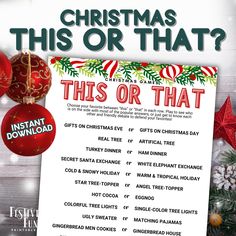 a christmas list with ornaments on it and the words,'this or that? '