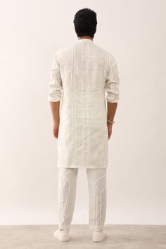 White kurta with applique texture detail in 100% linen base. Paired with a straight trouser. - Aza Fashions Casual White Linen Kurta, White Linen Fitted Kurta, White Fitted Linen Kurta, Trouser Pattern, Men Kurta, White Kurta, Straight Trousers, Pant Set, Mandarin Collar