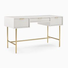 a white and gold desk with two drawers on one side, the other half closed