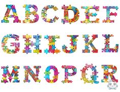 the letters are made up of colorful puzzle pieces