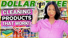 a woman is holding up a dollar tree cleaning products that work