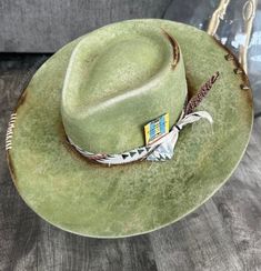 One of a kind wide brim hat  - Size 58cm Adjustable Wide Brim Green Felt Hat, Green Wide Brim Felt Hat For Beach, Artisan Short Brim Hat For Ranch, Artisan Hat With Short Brim For Ranch, Green Straw Hat With Short Brim, Green Wide Brim Felt Hat, Artisan Ranch Hat With Short Brim, Artisan Wide Brim Outdoor Hat, Green Short Brim Felt Hat For Kentucky Derby