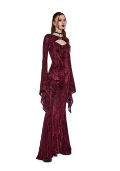 Widow Goth Velvet Flocked Maxi Dress And Shrug Set - Dark Red – Dolls Kill Vampire Gown, Goth Gown, Villain Dresses, Gothic Gowns, Winter Gowns, Vampire Dress, Dark Red Dresses, Sleeve Shrug, Red Dolls