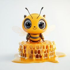 a yellow toy bee sitting on top of a honeycomb with syrup flowing around it