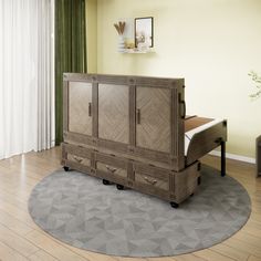 a wooden dresser sitting on top of a hard wood floor