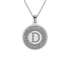 Explore the elegance of our Greek Key Disc Necklace featuring an Initial. Crafted in solid gold or sterling silver, this pendant seamlessly blends classic Greek design with personalized touch. The Greek key motif, symbolizing eternity and unity, encircles your chosen initial, creating a harmonious fusion of tradition and individuality. Its timeless design and meaningful engraving make it a versatile accessory, radiating your cultural pride and unique identity. Luxury Sterling Silver Initial Necklace With Monogram, Luxury Sterling Silver Monogram Initial Necklace, White Gold Monogram Pendant Jewelry, Classic White Gold Monogram Initial Necklace, Elegant Engraved White Gold Initial Necklace, Elegant White Gold Engraved Initial Necklace, Luxury Silver Monogram Necklace, Luxury Monogram Silver Necklace, Silver Luxury Initial Necklace With Monogram