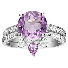 Stunning, timeless and classy eternity Engagement ring. Decorate yourself in luxury with this Gin & Grace ring. This ring is made up of 9MM Round-Cut Prong Setting Genuine Pink Amethyst (1pcs) 0.15 Carat, 3X4 Pear-Cut Prong Setting Genuine Light Pink Amethyst (1pcs) 2.47 Carat and Round-Cut Prong Setting Natural Diamond (18 pcs) 0.25 Carat accent stones for a lovely design. This ring is weight 3.62 grams. The ring is crafted of shining 14-karat White Gold and is completed by a highly polished fi Eternity Engagement Ring, 14k White Gold Diamond Ring, Amethyst And Diamond Ring, Amethyst Jewelry, Pink Amethyst, Amethyst Necklace, Amethyst Pendant, Amethyst Earrings, Gems Jewelry