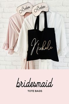 bridesmaid tote bags hanging on a brick wall