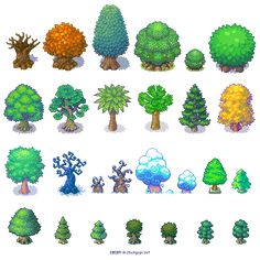 the different types of trees and shrubs in pixel art, including one with green leaves