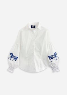 Annie Shirt Embroidered | White & Blue - Rönner White Tops With Embroidered Cuffs For Workwear, Elegant Catering, Modern Equestrian, Horse Embroidery, Summer Sleepwear, Embroidered Shirts, Velvet Loafers, Embroidered Blouse Designs, Horse T Shirts