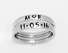 "These Stainless Steel rings are super shiny and a petite 3 mm wide, with a rounded edge. The letters y, p, and j do NOT do well on this rounded ring therefore I suggest if you have these letters in your name that you order the 3 mm flat ring available on my page. These rings are comfortable for stacking up to 4 rings. I can personalize with names, dates, quotes or roman numerals or scripture. Great to wear with your diamond or use as a thumb ring also. These rings also come in Gold and Rose Gol Adjustable Stackable Promise Rings With Round Band, Minimalist Engraved Stainless Steel Promise Ring, Minimalist Stainless Steel Engraved Promise Ring, Custom Name Adjustable Open Ring, Custom Name Adjustable Stackable Rings, Adjustable Initial Name Ring, Adjustable Stackable Rings With Custom Name, Adjustable Hand Stamped Initial Ring For Promise, Dainty Personalized Stackable Adjustable Rings