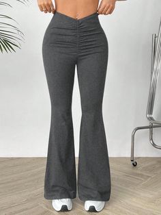 Casual Solid Color Ruched Slim Fit Flared Pants Dark Grey Casual   Fabric Plain Flare Leg Slight Stretch  Women Clothing, size features are:Bust: ,Length: ,Sleeve Length: Outdoor Bag, Flared Pants, Kids Beachwear, Maternity Bag, Flare Pants, All Fashion, Women Clothing, Women Clothes Sale, Dark Grey