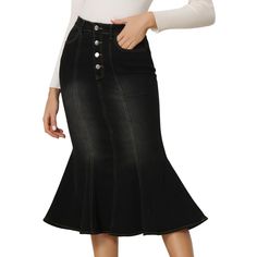 This skirt features a front button-down design that adds a touch of vintage charm while also making it easy to put on and take off. The versatile design of the skirt allows you to dress it up with a pair of heels and a blouse for a sophisticated look or dress it down with sneakers and a t-shirt for a more casual and comfortable outfit. This classic skirt is perfect for any occasion and can be paired with a dramatic blouse or sweater and heels for a gorgeous combination. Fitted Button-up Denim Skirt For Fall, Non-stretch High-waisted Skirt With Button Closure, High-waisted Non-stretch Skirt With Button Closure, Fall Button-up Fitted Denim Skirt, Dark Wash Button Closure Skirt For Fall, Fitted Flared Denim Skirt For Fall, Fitted Button-up Denim Skirt, Fitted Button-up Denim Skirt With Snap Buttons, Fitted Dark Wash Denim Skirt With Snap Buttons