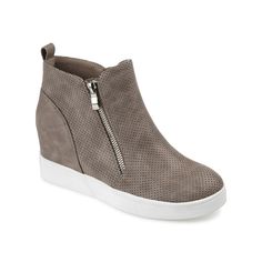 Journee Collection-Pennelope High-Top Wedge Sneaker Add a flattering lift to your sporty-chic look with the Pennelope high-top sneaker from Journee Collection. Perforated texture, functional dual zippers and a platform sole with hidden wedge inside complete this sneaker in style. High Top Wedge Sneakers, Pattern Shoes, Brown Wedges, Brown Heels, Only Shoes, Wedge Sneakers, Sneakers Grey, Sporty Chic, Sneaker Wedge