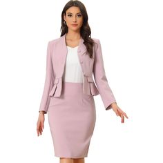 The blazer features a peplum design that accentuates your waistline, giving you an elegant figure. It also has a collarless neckline that makes it more modern and sleek. The pencil skirt complements the blazer perfectly and has a slimming effect that enhances your curves. It comes in various sizes and colors to suit different preferences, making it a versatile addition to any wardrobe. The pencil skirt features a zipper, and an elastic waist, providing a comfortable and flattering fit for all bo Elegant Peplum Sets For Workwear, Elegant Fitted Peplum Sets, Fitted Spring Office Lady Suits, Elegant Peplum Workwear Sets, Spring Fitted Suits For Office, Fitted Peplum Blazer For Work, Elegant Spring Peplum Sets, Fitted Peplum Sets For Spring, Fitted Pink Sets For Workwear